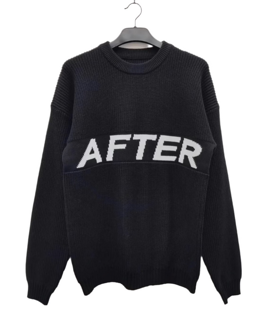 Black sweater with 'AFTER' text on a hanger against a white background